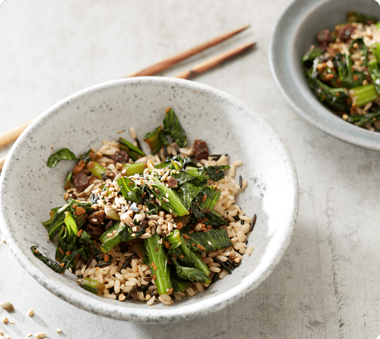 Choy Sum stir fry with Brown and wild rice – Kapai Puku