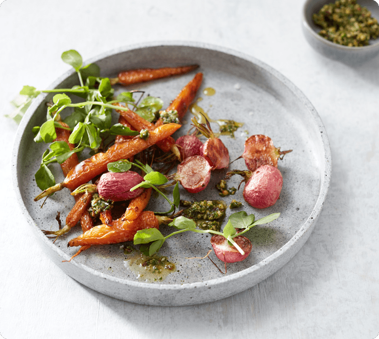 Roasted Radishes and carrots with radish leaf pesto