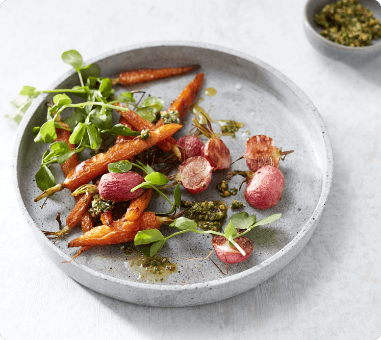 Roasted Radishes and carrots with radish leaf pesto – Kapai Puku